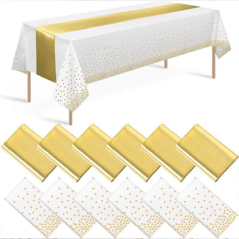 zhengao 12pcs Tablecloth with Gold Dot Print on White Background + Gold Silk disposable Retro trend Rectangular table cloth