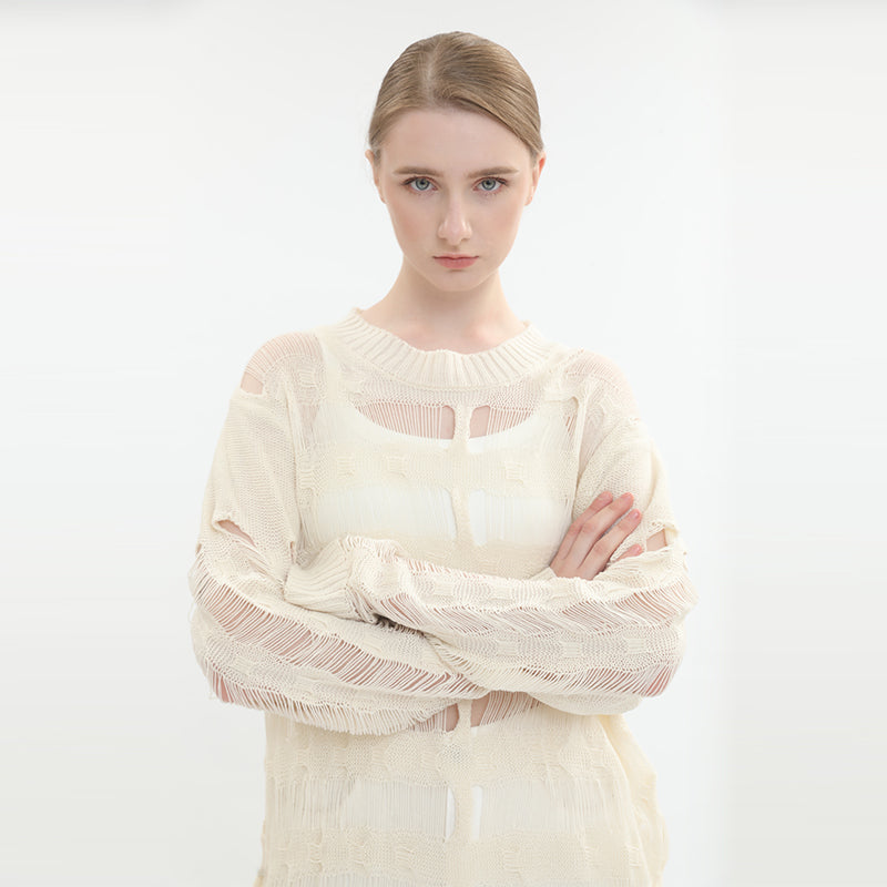 sidaiou Women's Woolen Openwork Long Sleeve Top   Pure wind knit smock