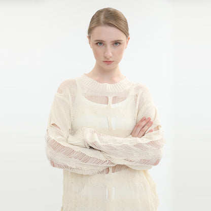 sidaiou Women's Woolen Openwork Long Sleeve Top   Pure wind knit smock