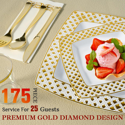 zhengao Diamond-studded Gold Square Plate for 25 Tableware set Gold-plated diamond European creativity