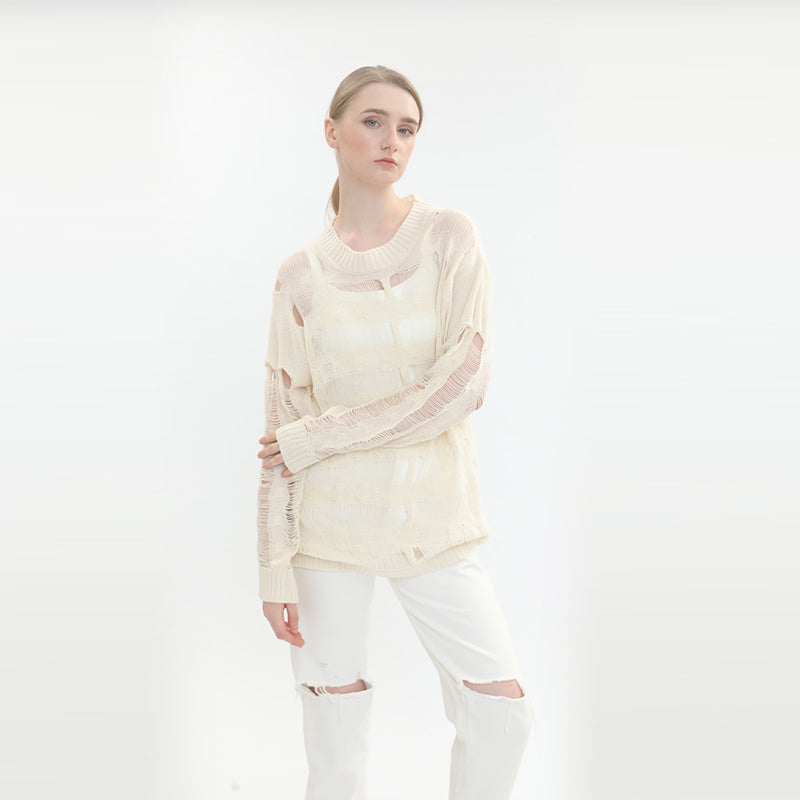 sidaiou Women's Woolen Openwork Long Sleeve Top   Pure wind knit smock