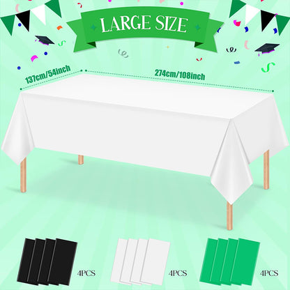 zhengao 12pcs Disposable Party Tablecloth (Green + White + Black Combo) Solid color Birthday party decorations fallow