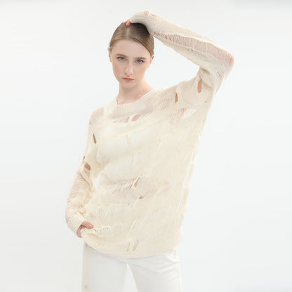 sidaiou Women's Woolen Openwork Long Sleeve Top   Pure wind knit smock