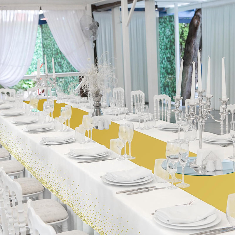 zhengao 12pcs Tablecloth with Gold Dot Print on White Background + Gold Silk disposable Retro trend Rectangular table cloth
