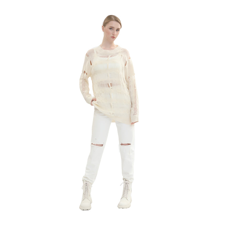 sidaiou Women's Woolen Openwork Long Sleeve Top   Pure wind knit smock