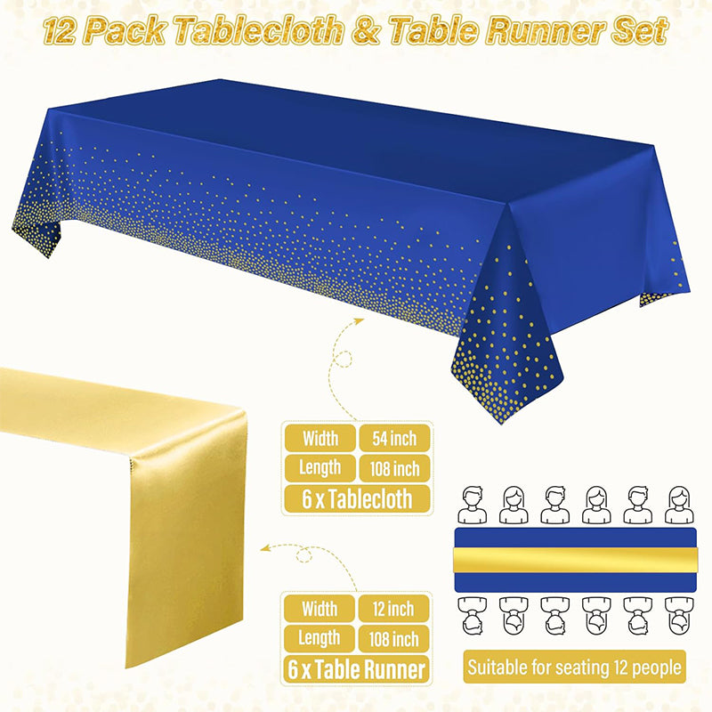 zhengao 12pcs Dark Blue Printed Gold Dot Tablecloth + Gold Silk Table cloth Receive a distinguished guest Conference tablecloth